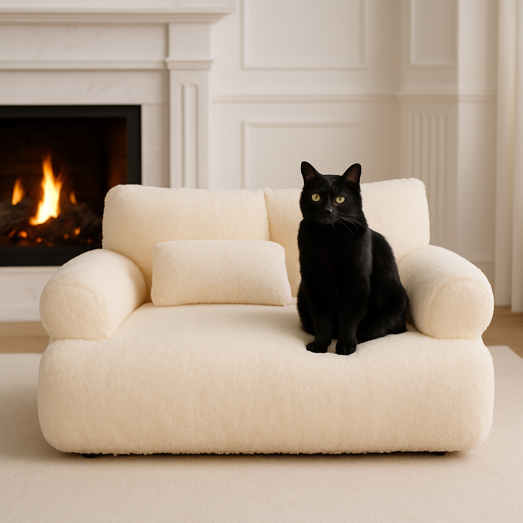 chat noir assied sur son panier pour chat beige