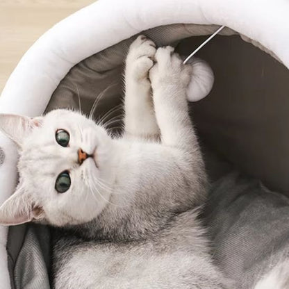 chat gris agrippe son pompom dans son panier chat