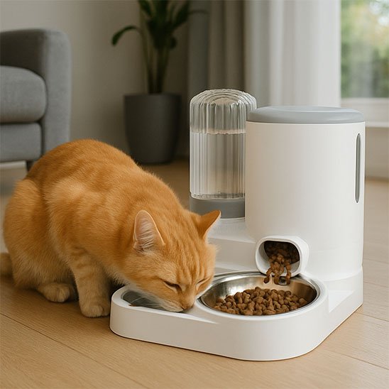 Chat roux mange dans son distributeur de croquettes pour chat